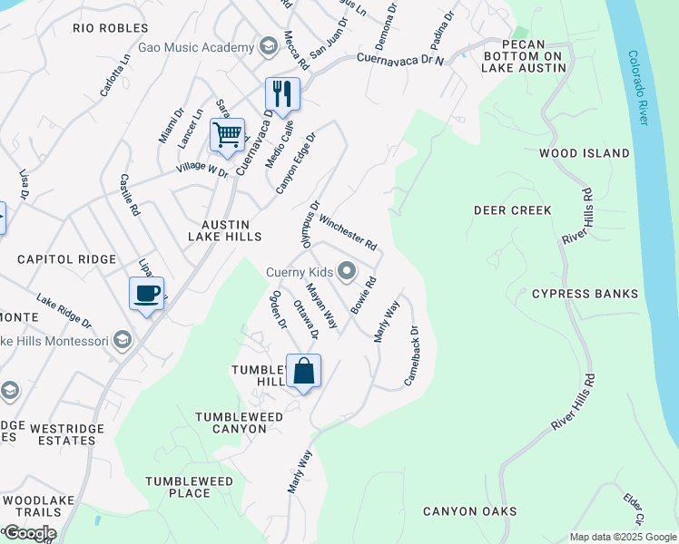map of restaurants, bars, coffee shops, grocery stores, and more near 9308 Tiber Circle in Austin