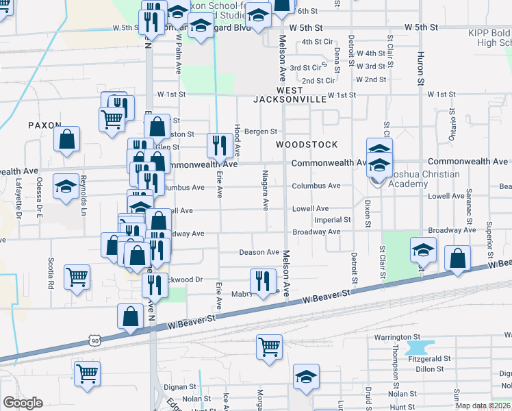 map of restaurants, bars, coffee shops, grocery stores, and more near 3319 Lowell Avenue in Jacksonville