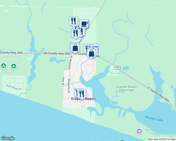 map of restaurants, bars, coffee shops, grocery stores, and more near 328 Wilderness Way in Santa Rosa Beach