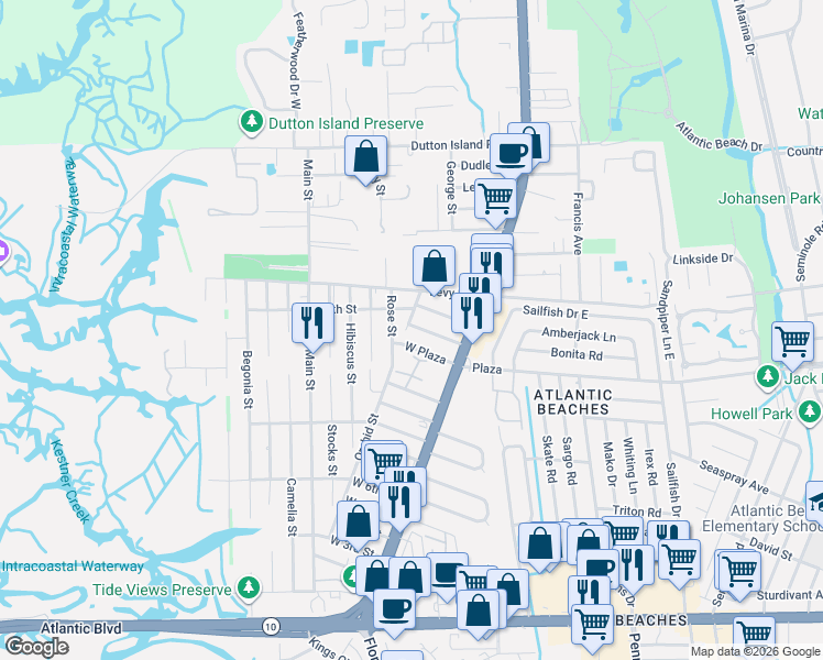 map of restaurants, bars, coffee shops, grocery stores, and more near 85 West 13th Street in Atlantic Beach