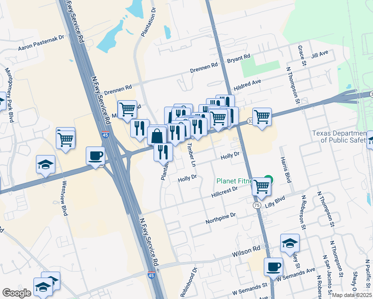 map of restaurants, bars, coffee shops, grocery stores, and more near 2121 Timber Lane in Conroe