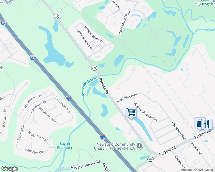 map of restaurants, bars, coffee shops, grocery stores, and more near 18780 Perkins Road in Prairieville