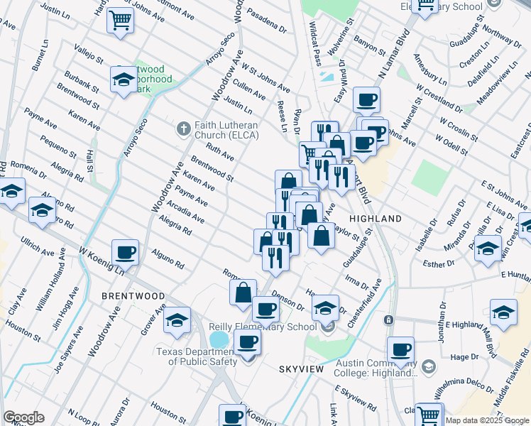 map of restaurants, bars, coffee shops, grocery stores, and more near 906 Karen Avenue in Austin