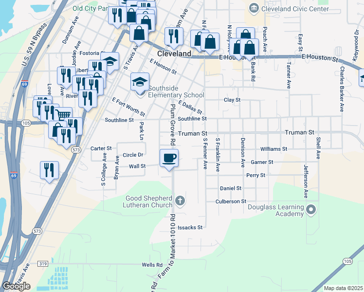 map of restaurants, bars, coffee shops, grocery stores, and more near 701 Plum Grove Rd in Cleveland