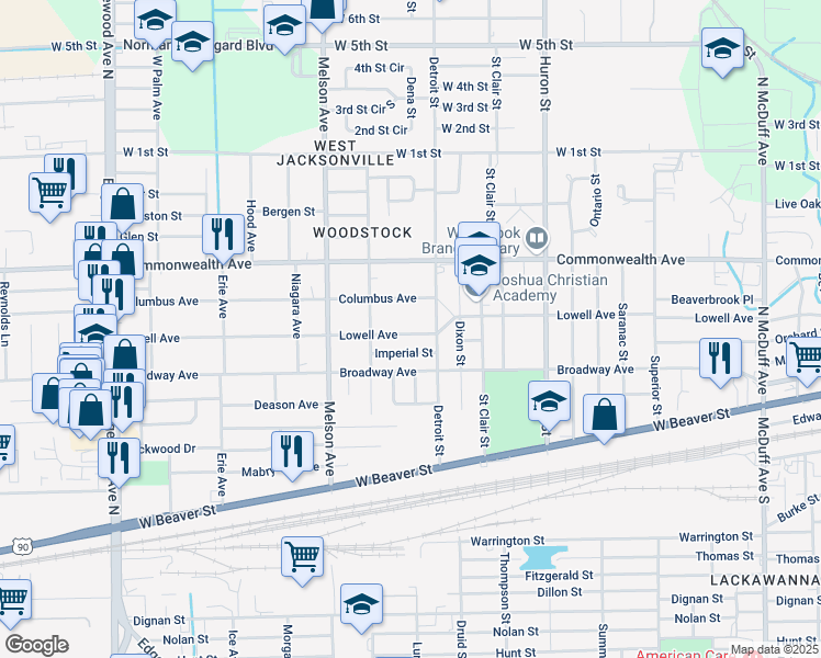 map of restaurants, bars, coffee shops, grocery stores, and more near 3033 Lowell Avenue in Jacksonville