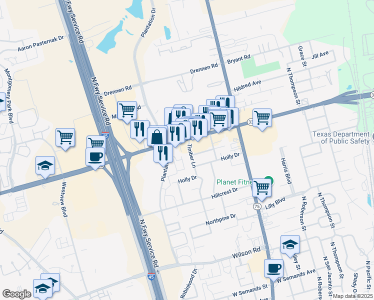 map of restaurants, bars, coffee shops, grocery stores, and more near 2121 Timber Lane in Conroe