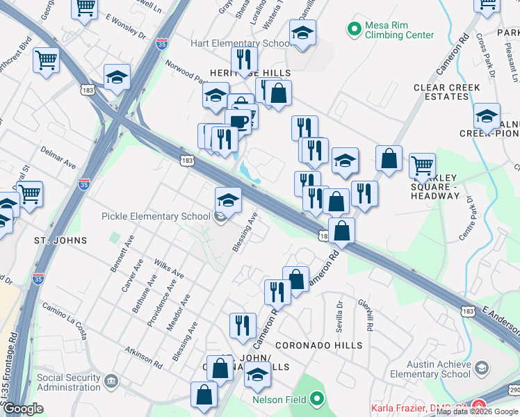 map of restaurants, bars, coffee shops, grocery stores, and more near 7616 Blessing Avenue in Austin