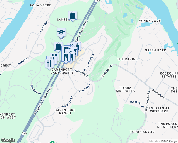 map of restaurants, bars, coffee shops, grocery stores, and more near 4100 Wayfarer Way in Austin