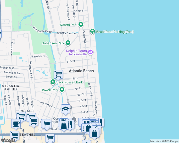 map of restaurants, bars, coffee shops, grocery stores, and more near 901 Ocean Boulevard in Atlantic Beach