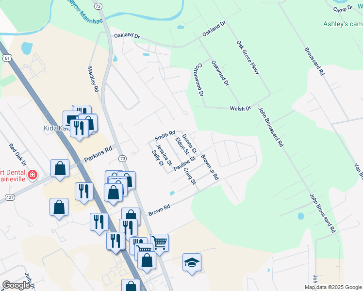 map of restaurants, bars, coffee shops, grocery stores, and more near 18363 Eldon Street in Prairieville