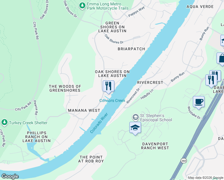 map of restaurants, bars, coffee shops, grocery stores, and more near 3113 Ski Shores Terrace in Austin