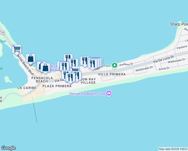 map of restaurants, bars, coffee shops, grocery stores, and more near 22 Via De Luna Drive in Pensacola Beach