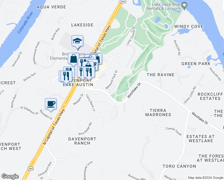 map of restaurants, bars, coffee shops, grocery stores, and more near 4231 Westlake Drive in Austin