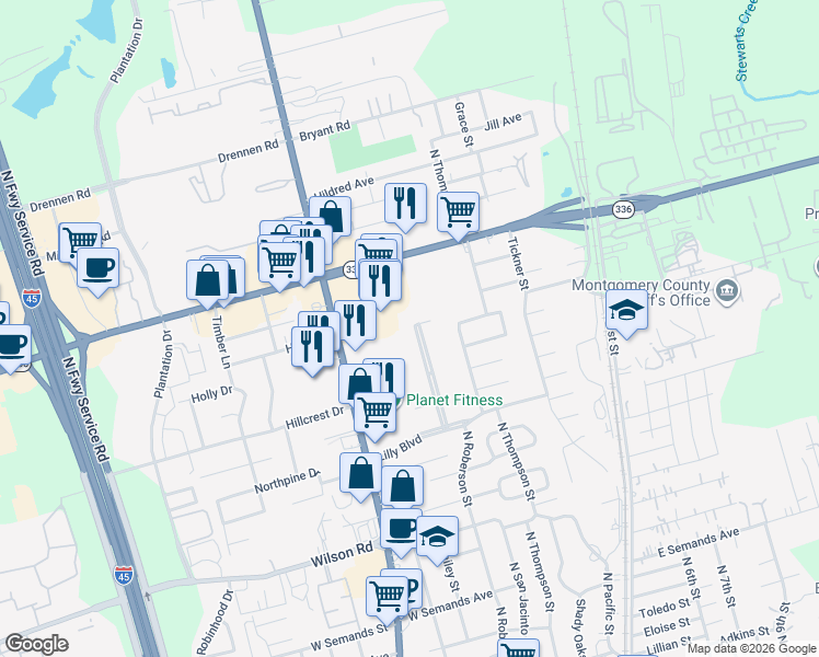 map of restaurants, bars, coffee shops, grocery stores, and more near 315 Harris Boulevard in Conroe
