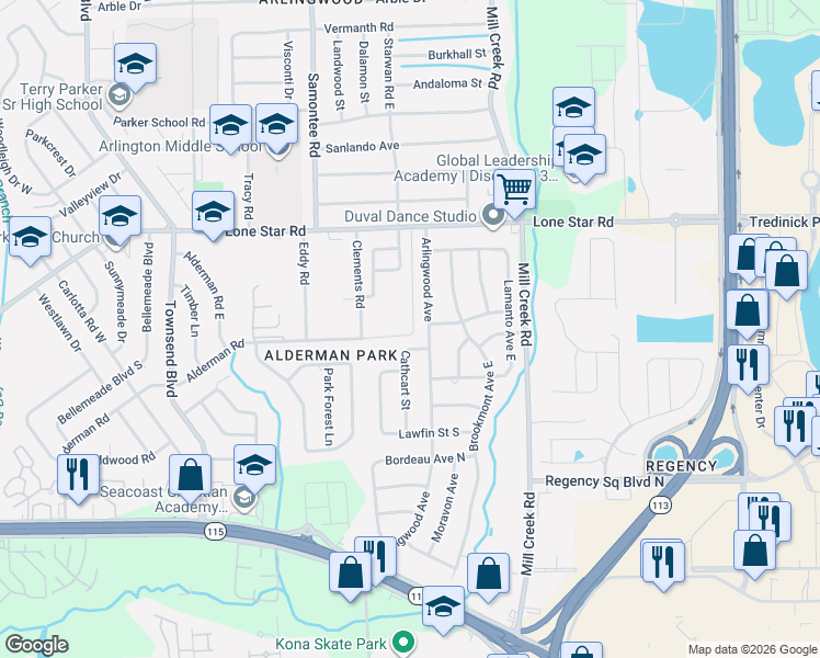 map of restaurants, bars, coffee shops, grocery stores, and more near 8429 Alderman Road in Jacksonville