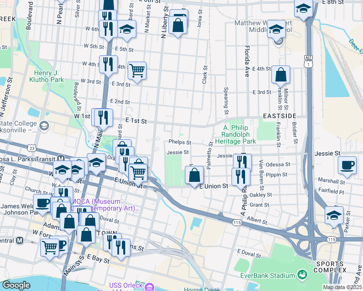 map of restaurants, bars, coffee shops, grocery stores, and more near 436 Phelps Street in Jacksonville
