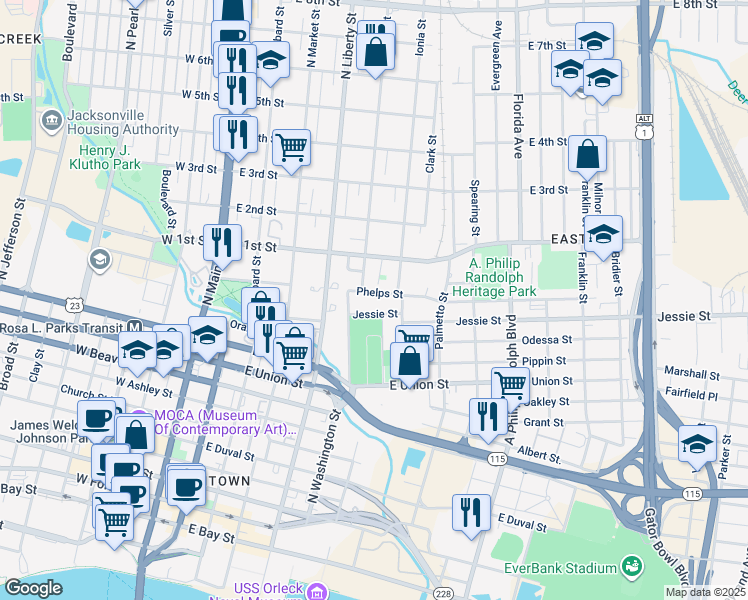 map of restaurants, bars, coffee shops, grocery stores, and more near 436 Phelps Street in Jacksonville