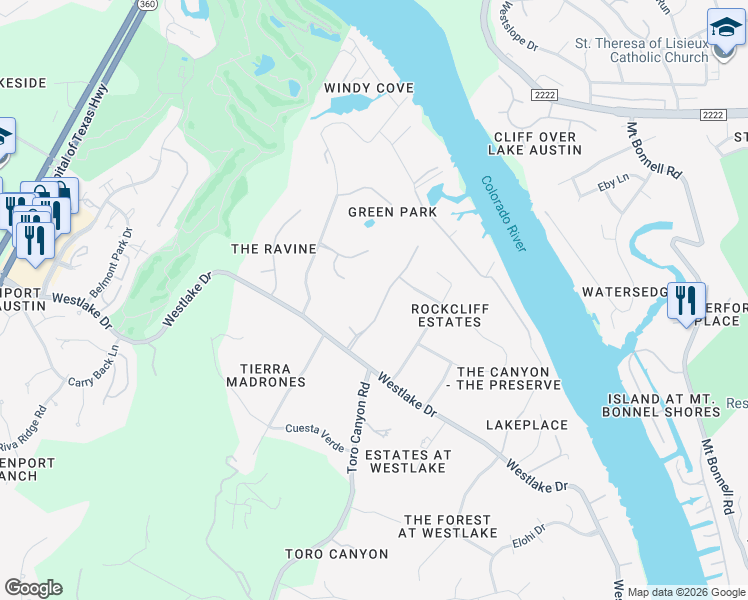 map of restaurants, bars, coffee shops, grocery stores, and more near 4200 Green Cliffs Road in Austin