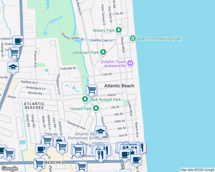 map of restaurants, bars, coffee shops, grocery stores, and more near 361 9th St in Atlantic Beach