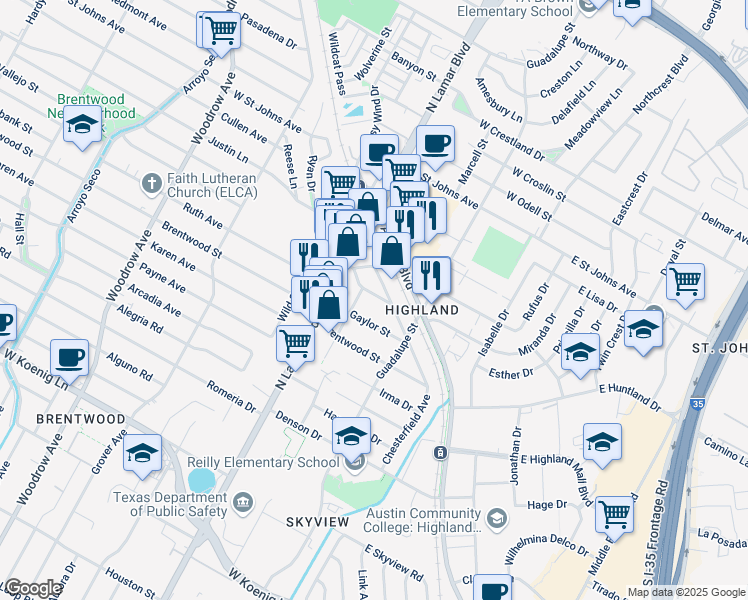 map of restaurants, bars, coffee shops, grocery stores, and more near 605 Williams Street in Austin
