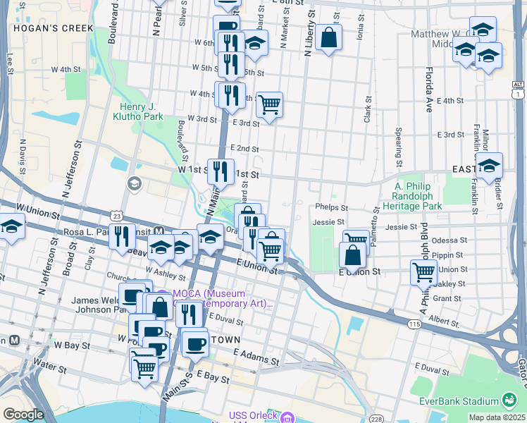 map of restaurants, bars, coffee shops, grocery stores, and more near 960 North Market Street in Jacksonville
