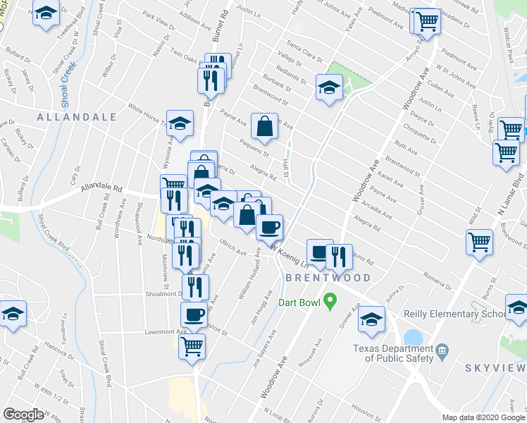 map of restaurants, bars, coffee shops, grocery stores, and more near 1805 Alguno Road in Austin