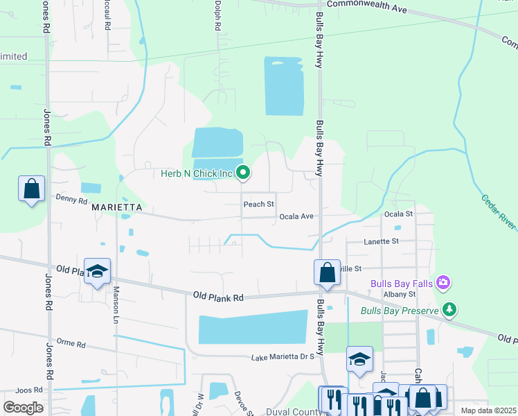 map of restaurants, bars, coffee shops, grocery stores, and more near 8554 Peach Street in Jacksonville