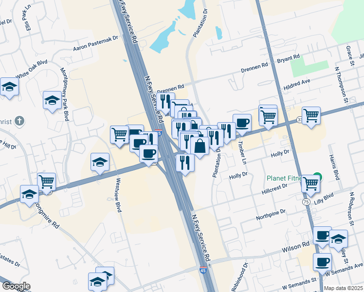 map of restaurants, bars, coffee shops, grocery stores, and more near 1270 North Loop 336 West in Conroe