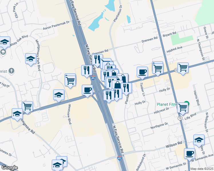 map of restaurants, bars, coffee shops, grocery stores, and more near 1260 North Loop 336 West in Conroe
