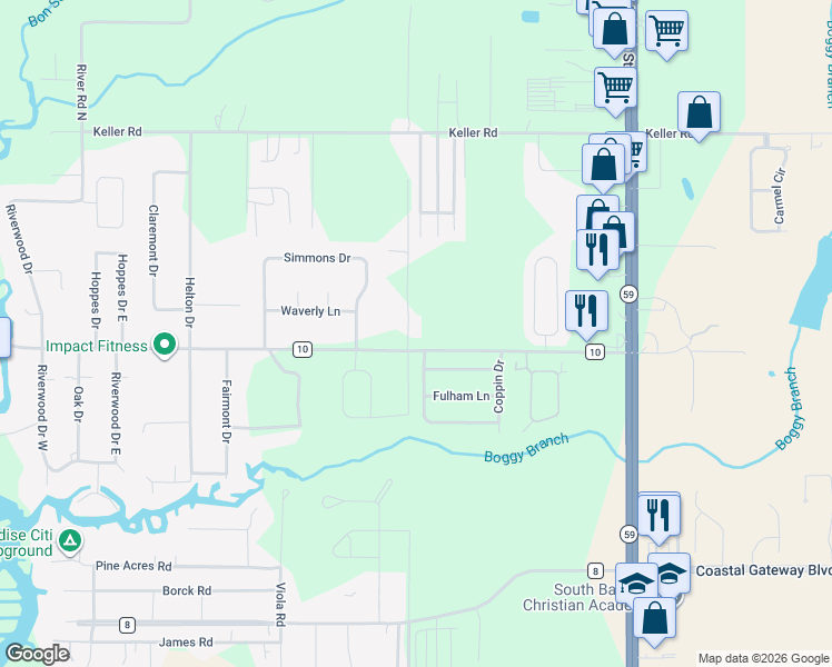 map of restaurants, bars, coffee shops, grocery stores, and more near 19501 County Road 10 in Foley