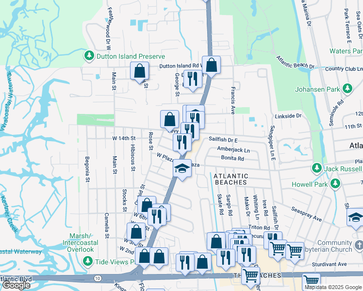 map of restaurants, bars, coffee shops, grocery stores, and more near 1420 Florida A1A in Atlantic Beach