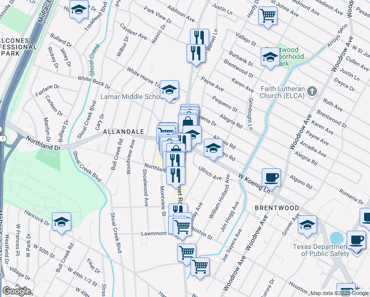 map of restaurants, bars, coffee shops, grocery stores, and more near 5829 Burnet Road in Austin