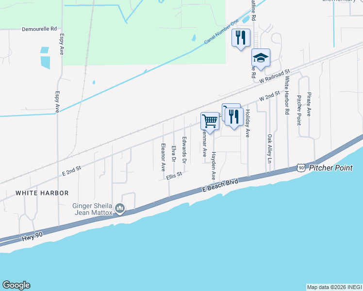 map of restaurants, bars, coffee shops, grocery stores, and more near 121 Edwards Drive in Pass Christian