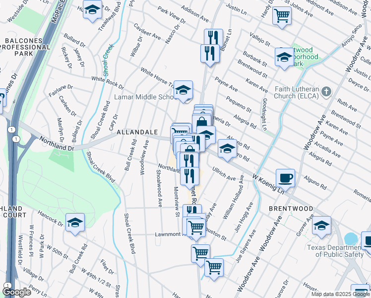 map of restaurants, bars, coffee shops, grocery stores, and more near 5808 Burnet Road in Austin