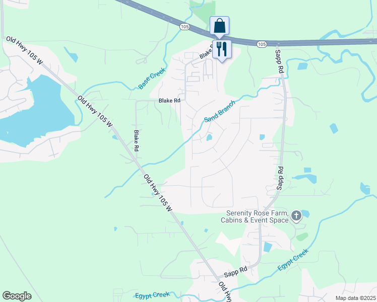 map of restaurants, bars, coffee shops, grocery stores, and more near 1512 West Creek Drive in Conroe