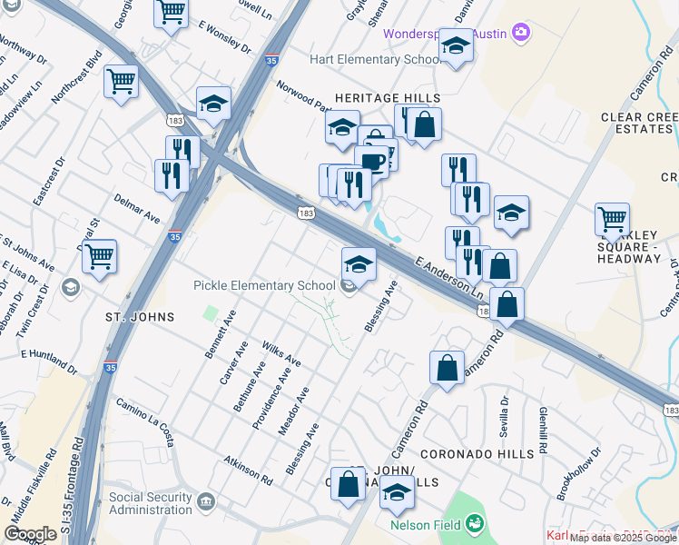 map of restaurants, bars, coffee shops, grocery stores, and more near 7601 Bethune Avenue in Austin