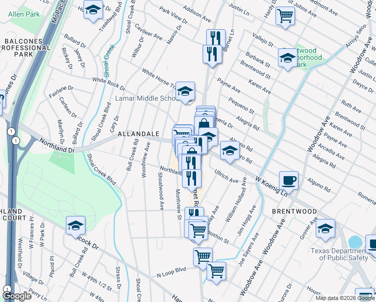 map of restaurants, bars, coffee shops, grocery stores, and more near 5829 Burnet Road in Austin