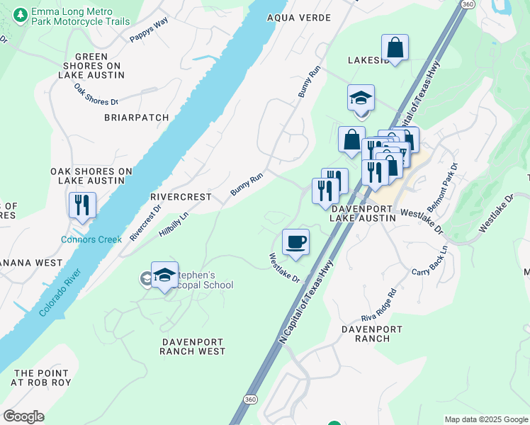 map of restaurants, bars, coffee shops, grocery stores, and more near 4525 Westlake Drive in Austin