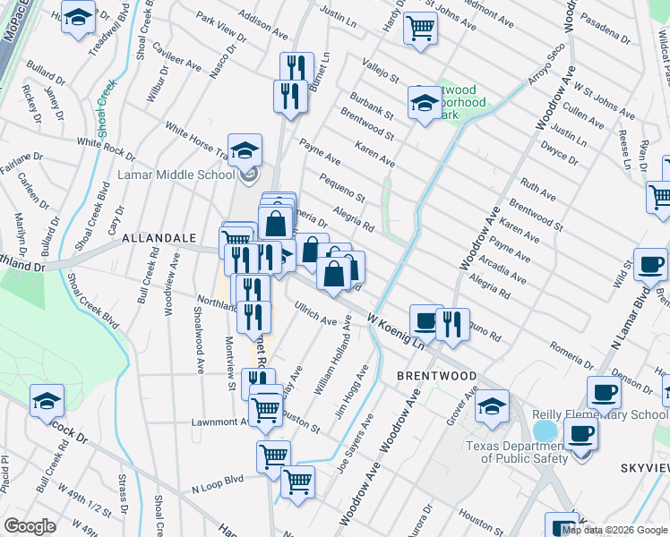 map of restaurants, bars, coffee shops, grocery stores, and more near 1900 Palo Duro Road in Austin