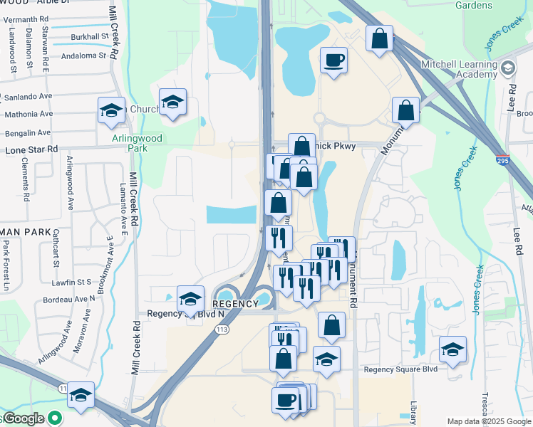 map of restaurants, bars, coffee shops, grocery stores, and more near Southside Connector in Jacksonville
