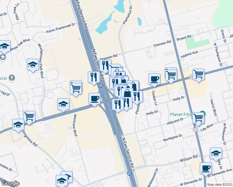 map of restaurants, bars, coffee shops, grocery stores, and more near 1250 North Loop 336 West in Conroe