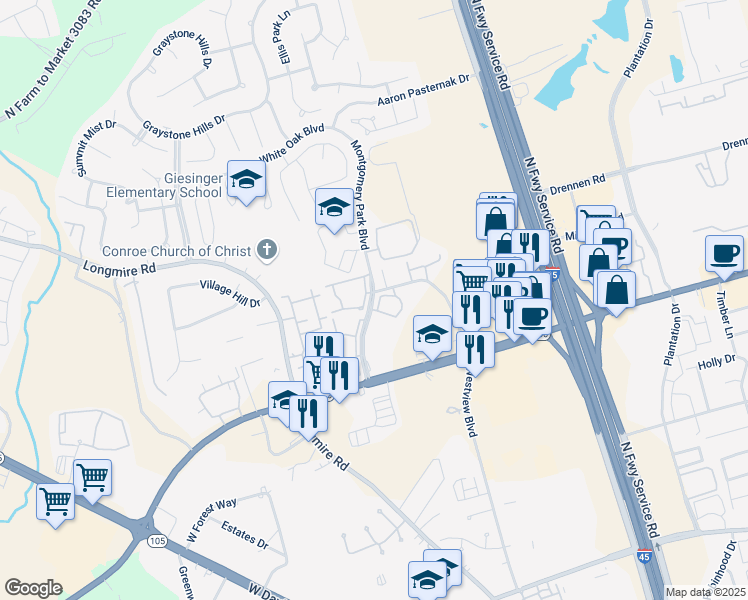 map of restaurants, bars, coffee shops, grocery stores, and more near 2390 Montgomery Park Boulevard in Conroe