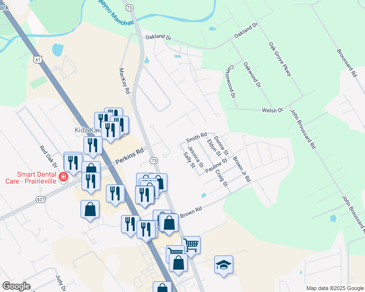 map of restaurants, bars, coffee shops, grocery stores, and more near 18358 Sally Street in Prairieville