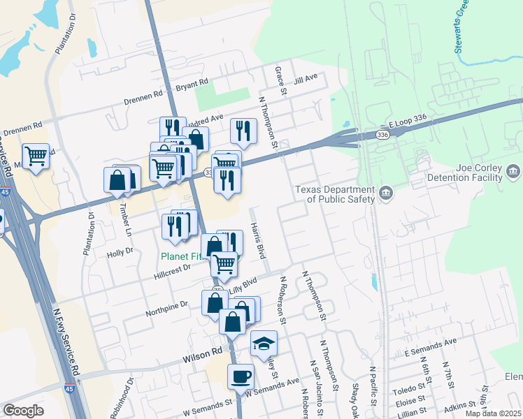 map of restaurants, bars, coffee shops, grocery stores, and more near 314 Harris Boulevard in Conroe