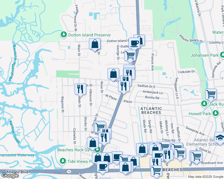 map of restaurants, bars, coffee shops, grocery stores, and more near 85 West 13th Street in Atlantic Beach