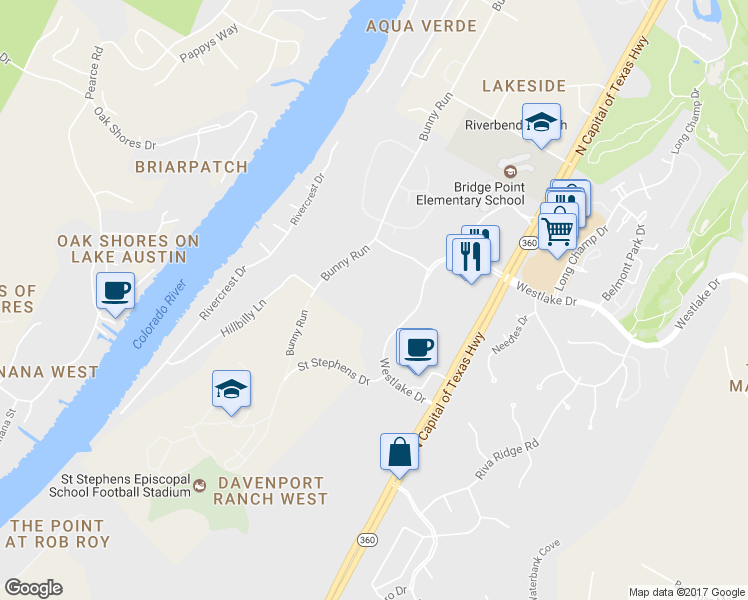map of restaurants, bars, coffee shops, grocery stores, and more near 4525 Westlake Drive in Austin