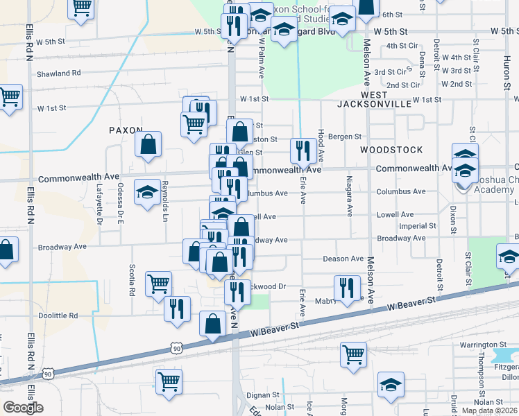 map of restaurants, bars, coffee shops, grocery stores, and more near 857 West Palm Avenue in Jacksonville