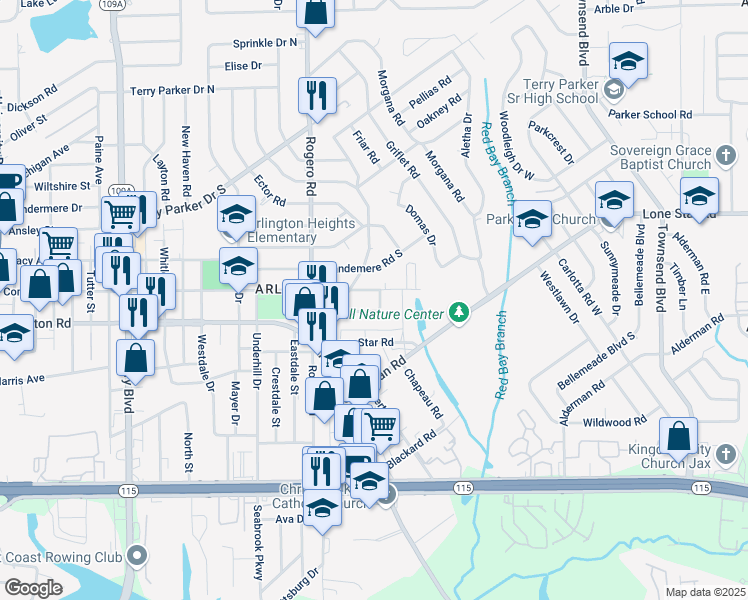 map of restaurants, bars, coffee shops, grocery stores, and more near 6855 Arthur Court in Jacksonville