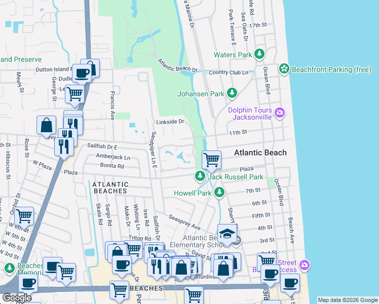 map of restaurants, bars, coffee shops, grocery stores, and more near 443 Osprey Key in Atlantic Beach