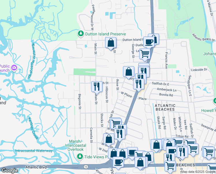 map of restaurants, bars, coffee shops, grocery stores, and more near 1225 Hibiscus Street in Atlantic Beach